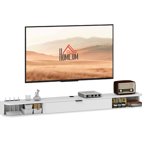 Meuble TV suspendu - HOMCOM - pour jusqu'à 75 pouces, tiroir rabattable 2 étagères ouvertes - bois - 180x24x16cm - blanc (1/5)