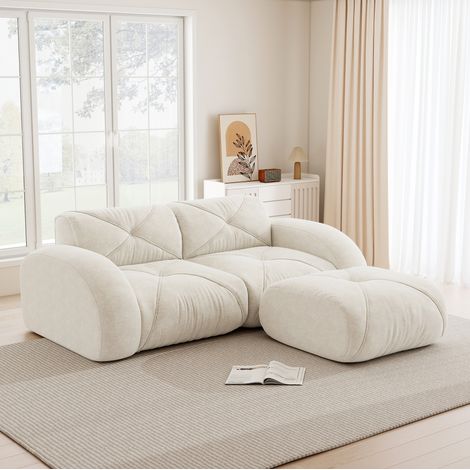 Canapé 2 places modulaire en chenille blanche avec pouf, design sans cadre (1/5)