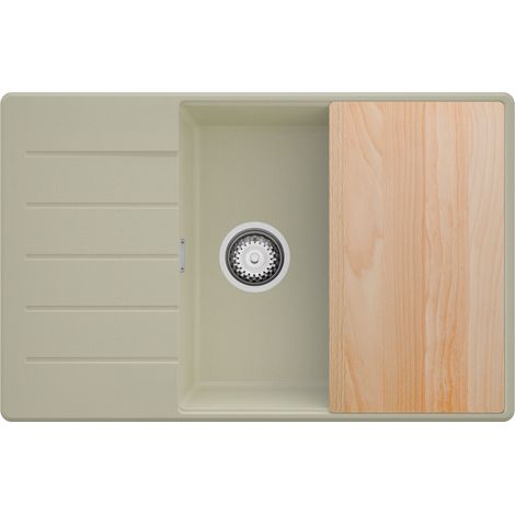 PRIMAGRAN Evier Cuisine en Granit 78x50cm,Lavabo 1 bac + Kit de Vidage + Planche à Découper, Évier à Encastrer au meuble 60cm - Copenhague, Beige (1/5)
