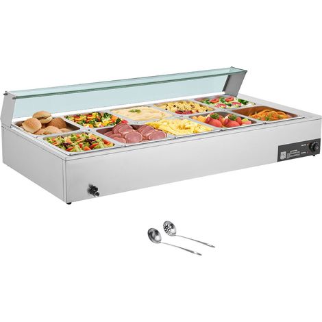 Chauffe-plat professionnel 1700W en acier inoxydable à vapeur, bain-marie de comptoir 10 bacs avec couvercle en verre, 2 louches dont une percée, pour buffet traiteur, restaurant et réception (1/5)