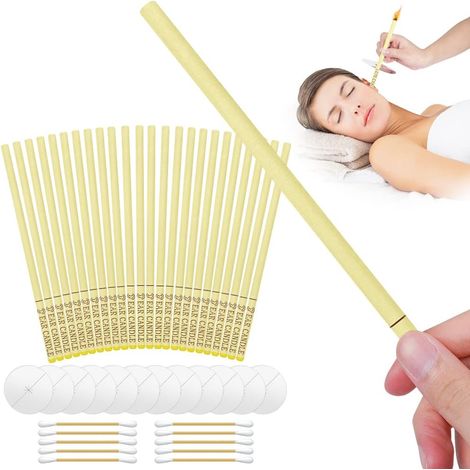 Bougies d’Oreilles, 24 Bougie en Cire Auriculaire avec 12 Disques de Protection, Bougies Auriculaires en Cire d’Abeille Naturelle, Pour Détendez-vous et le Nettoyage d’Oreille(Beige)