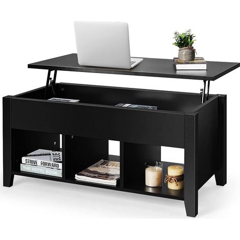 Goplus – Table basse relevable moderne – Plateau relevable avec compartiment de rangement – Noir – Espace de stockage optimisé – Design épuré