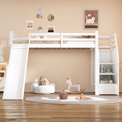 Lit mezzanine enfant 90x200 cm pin MDF blanc avec toboggan, gain de place, sans matelas – MEUBLIV (1/5)