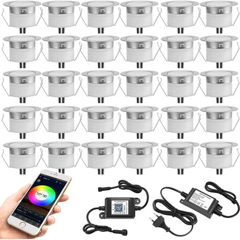 Lot de 30 Bluetooth RGBWW Led Encastrable Exterieur, Ø31mm Dimmable Mini Spot Escalier Piscine Lampe au Sol, Etanche IP67 DC12V pour Terrasse Bois (RGB+Blanc Chaud) (1/5)