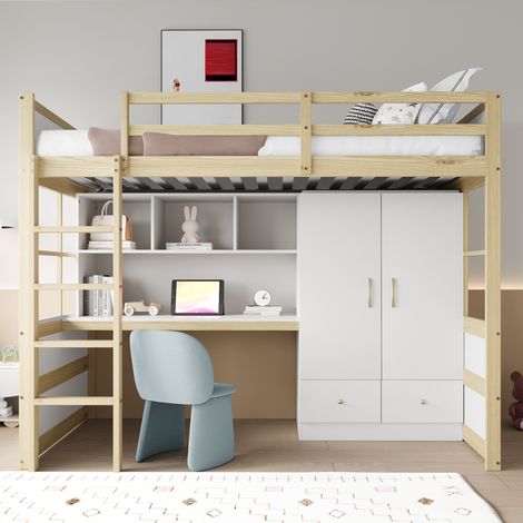 Pour petite chambre, gain de place avec lit mezzanine 90x200, bureau intégré, armoire et tiroirs (1/5)