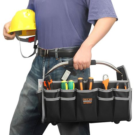 Sac fourre-tout à outils ouvert, pliable, pour électricien, résistant à l'eau, avec bandoulière réglable, en matériau renforcé, multiples poches, organiseur d'outils (noir) (1/5)