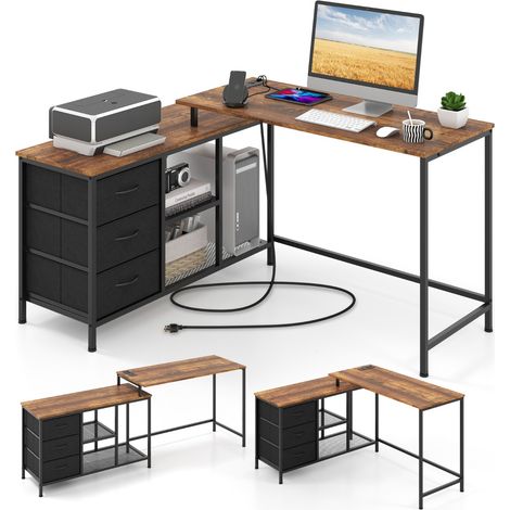 Scrivania computer L con prese 3 cassetti tessuto ripiani metallo Marrone (1/4)