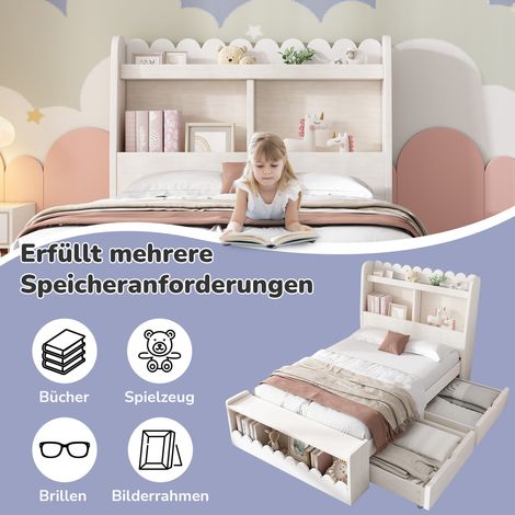 Lit enfant 90x190 cm, sommier et cadre en bois blanc et chêne, coffre avec tiroirs, étagère et banco de rangement, sans matelas. (1/5)
