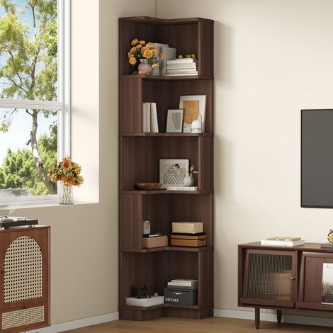 Étagère d'angle en L 63,5 x 45 x 175 cm, meuble de rangement multifonctionnel à 5 niveaux, avec ruban LED multicolore pilotable par appli, finition bois brun (1/5)
