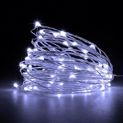 Guirlandes lumineuses LED à piles – 4 pièces, 5 m, 50 LED blanc froid sur fil argenté, idéales pour chambre, mariage et fêtes (1/5)