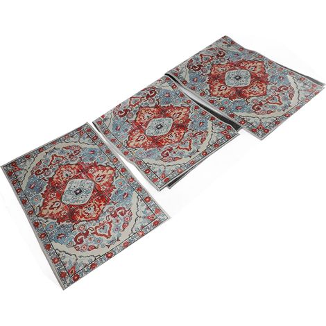 Set di 3 tappetini antiscivolo in fibra di poliestere stile bohemien, ideali per cucina, lavanderia e corridoio, colore rosso. (1/2)