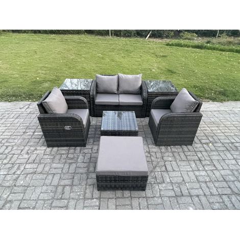 Fimous Rattan Garden Furniture Set Patio Conservatory Indoor Outdoor 7 Piece Set  with Love Sofa Square Coffee Table 2 Side Tables Big Footstool (1/5)