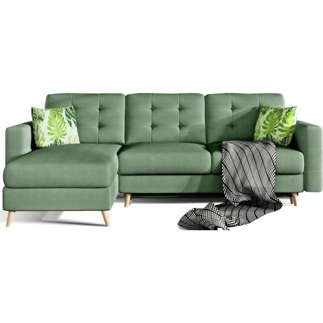 Divano angolare trasformabile HASGARD 3 posti verde 248x162 cm - con vano contenitore e piedi in legno