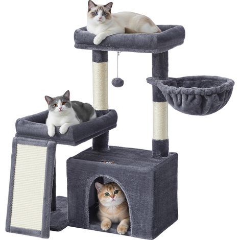 Arbre à Chat, Tour pour Chat avec Poteaux à Griffer et Rampe, 2 Grandes Plateformes, Niche, Panier, 85,8 cm de Haut, Gris Foncé PCT013GS01 (1/5)