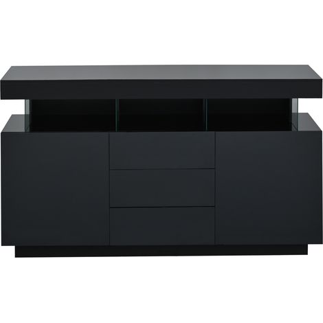 Buffet moderne noir haute brillance 140 x 35 x 80 cm avec éclairage LED, 3 tiroirs et 2 armoires coulissantes en acrylique (1/5)