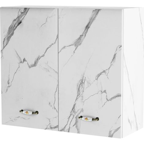 Pensile da Cucina Scolapiatti Sistema Raccogli Gocce 2 Ante Bianco Effetto Marmo (1/4)