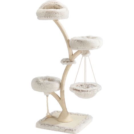 Fudajo Arbre Chat Design 59 x 59 x 169 cm Beige Charge 15 kg 3 Niveaux Forme Branche avec Peluche et Sisal Tronc de grattage Grattoir Tour Mobilier ludique Animal domestique