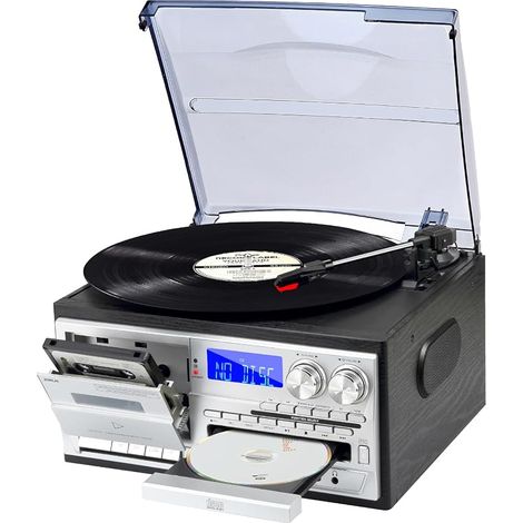 9 in 1 3 Speed Turntable with Remote Control, Vinyl Turntable with Built-in Speakers CD/Cassette Radio AM/FM USB/SD/MMC 3.5mm Aux-in/RCA-Out, Black (1/5)