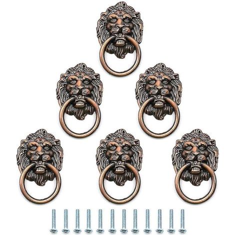 Set aus 6 antiken, bronzenen, löwenförmigen Schubladengriffen, mit 6 Schrauben, Vintage-Stil, mit Ring. (1/5)