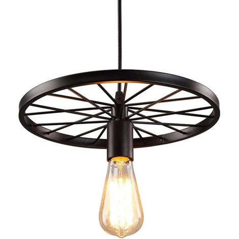 Suspension moderne style loft avec escalier, lustre en forme de roue, lampe suspendue vintage en fer noir avec ampoules Edison E27, plafonnier d'intérieur, luminaires de style grange ou entrepôt (A)