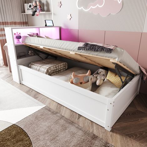 Lit banquette 90x200 cm blanc en bois de pin avec LED, rangement hydraulique et prise intégrée (1/5)