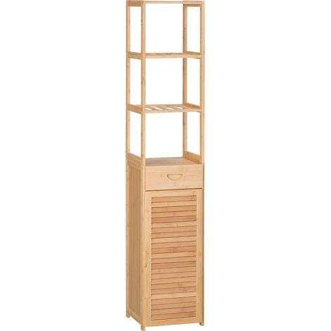 Armoire de salle de bains en bambou avec tiroir et étagères, 32 x 30 x 163 cm, bois naturel (1/5)