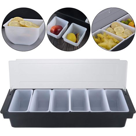 Zutatenbehälter Set 6-teilig Barbeilagenbehälter mit Deckel 6X 200 ml Fächer für Zitronen, Obst, Oliven und Cocktail Zutaten 50x15x10cm schwarz mit transparentem Klappdeckel (1/5)