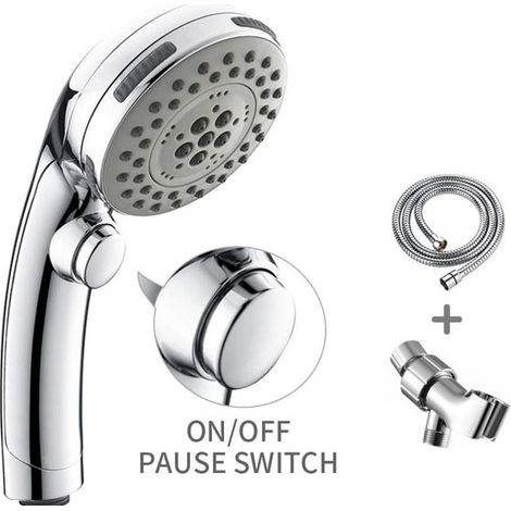 Ducha de mano cromada con 5 modos de chorro y botón de parada de agua de un toque, para baño y spa (plateada) (1/5)