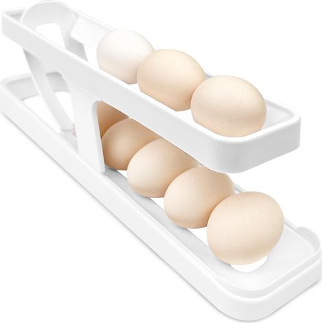 1 - Rangement Oeuf - Distributeur Oeuf - Double Couche avec Roulement Automatique - Organisateur pour Réfrigérateur et Cuisine - Blanc - 35x7x10cm
