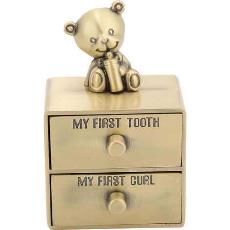 Boîte à dents métallique ours mignon, coffret de rangement 2 tiroirs pour collection de bijoux, cadeau souvenir croissance enfant (Patine verte) (1/5)