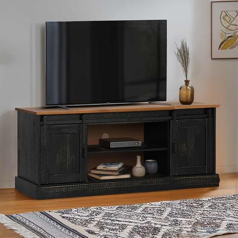 TV-Schrank HALDEN 2 Schiebetüren Schwarz 150x40x60cm Massivholz