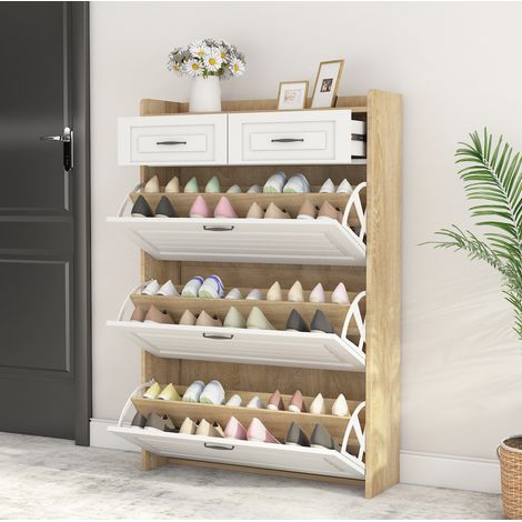 Scarpiera 80x23,5x131 cm in truciolare bianco e naturale, 3 ante a ribalta – MEUBLIV (1/5)