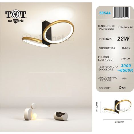 Plafoniera led 22w 2 cerchi nero bianco oro design moderno lampadario da soffitto con anello luce fredda calda  Oro