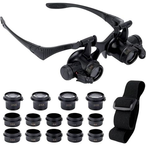 Beijiyi – Lunettes loupe éclairantes avec 2 lumières LED – 8 lentilles interchangeables 2.5X à 25X – Montage sur tête pour réparation et lecture (1/5)