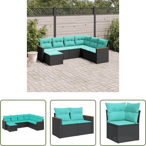 Gartenmöbel - 7-teiliges Gartensofa-Set mit Kissen, schwarzes Polyrattan (1/5)