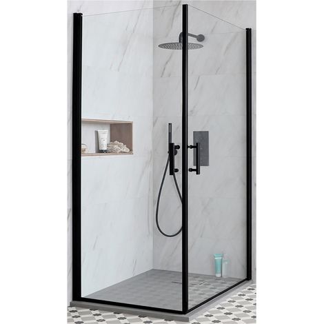 Milano Nero - Black Corner Walk In Wet Room Hinged Double Door Shower Enclosure with Light Grey Slate Effect Tray and Fast Flow Waste - 900mm x 900mm (1/5)