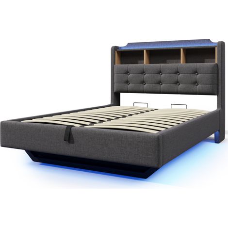 Letto contenitore imbottito 140 x 200 cm grigio con LED, USB e Type-C (1/5)