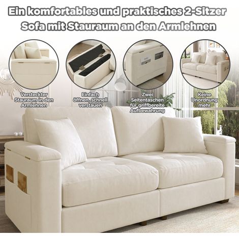 Canapé 2 places 180cm moderne beige, tissu en velours côtelé doux, rangement dans l'accoudoir, 2 coussins confortables inclus, mousse haute densité pour un confort optimal. (1/5)