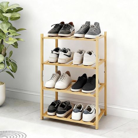 Petite étagère à chaussures multifonction à 4 niveaux, petites étagères en bambou pour chaussures, plantes, livres, salon, couloir, chambre à coucher, salle de bain (4 niveaux) (1/5)