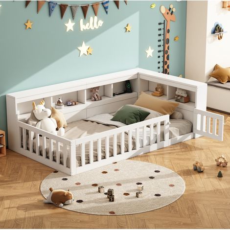 Cama individual con almacenaje lateral y USB blanca OKMYHOME (1/5)