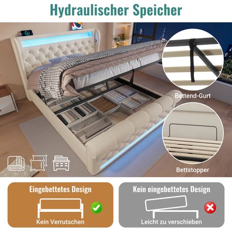 Lit capitonné 160x200 double moderne beige velours, sommier coffre hydraulique avec éclairage LED, tête de lit rangement ports USB-C, sans matelas (1/5)