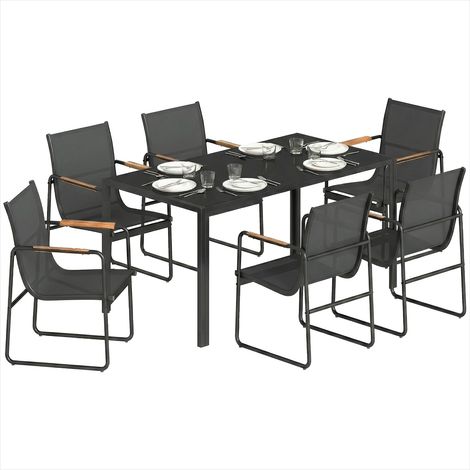 Salon de jardin 7 pièces table verre 6 fauteuils noir (1/5)