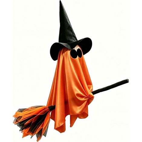 Light-up Flying Ghost Broom Pendant, Halloween Outdoor Window and Courtyard Atmosphere Decoration, Silk Fabric - Orange - Light-up