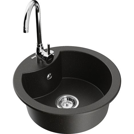 Mexen Diego fregadero de granito de 1 compartimento con grifo de cocina Telma, negro/dorado - 6512-75-670200-00 (1/5)