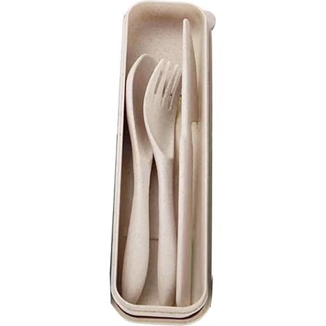 Set de couverts en paille de blé moderne, fourchette, cuillère, couteau, vaisselle portable avec boîte, idéal pour bureau, école, pique-nique, beige (1/5)