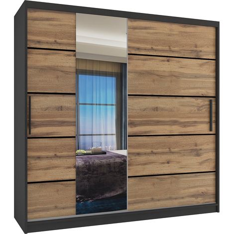 BELINI Grande Armoire 2 Portes Coulissantes VERONA MBP 200 cm - Miroir Intégré & 2 Tiroirs - Chambre Adulte - Noir / Brun Doré (1/4)