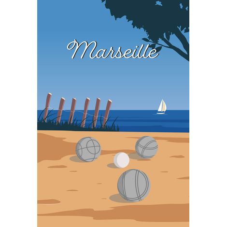 Tableau sur toile illustration pétanque Marseille 65x97 cm - Impression sur Toile Murale Décorative - Image imprimée en HD sur Toile - Toile sur Châssis en Bois FSC - Fabriqué en France
