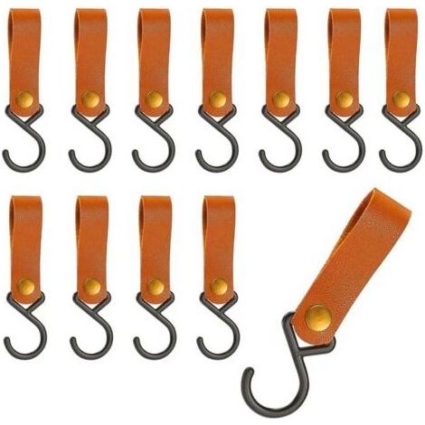 12 Stück S-Haken aus Leder mit Lederschlaufe, Kleiderhaken im Karamell-Stil mit Lederschlaufe, für Camping, Küche und Badezimmer (1/5)