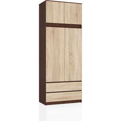 Armadio AKORD S90 con sopralzo Wengé 90 cm 2 ante 2 cassetti inserto frontale Sonoma Quercia 90x51x234 cm
