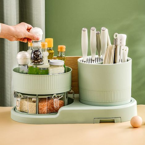 Porte-couteaux de cuisine rotatif multifonctionnel, égouttoir à couteaux, rangement pour baguettes, couteaux et condiments, vert (1/5)